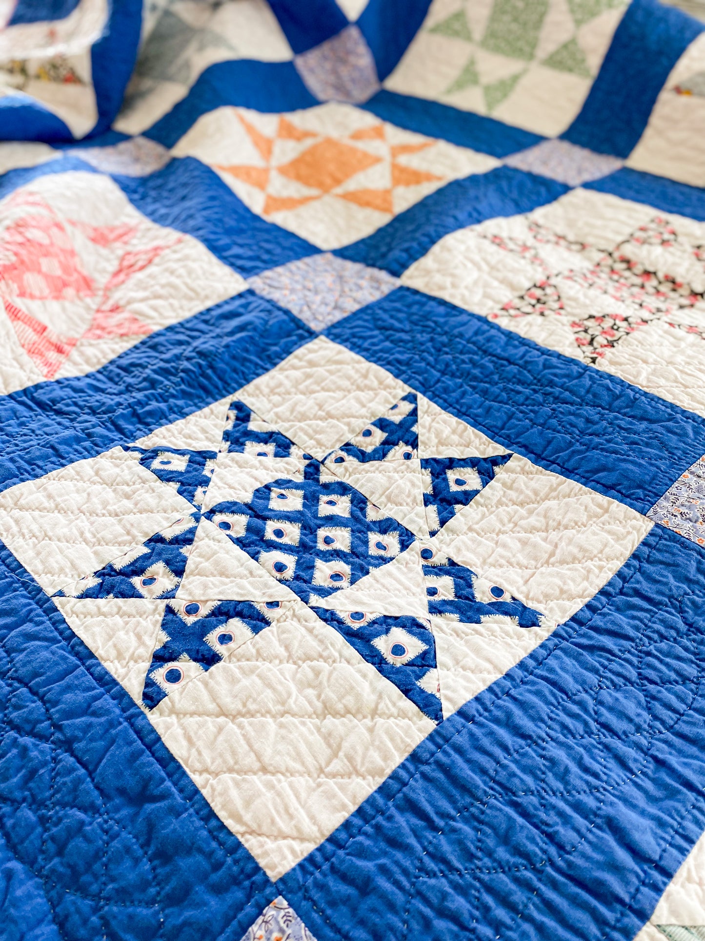 Vintage Blue and Pink Ohio Star 1930s Quilt