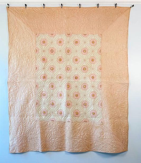 Vintage Pink Sateen and Twill Embroidered Quilt