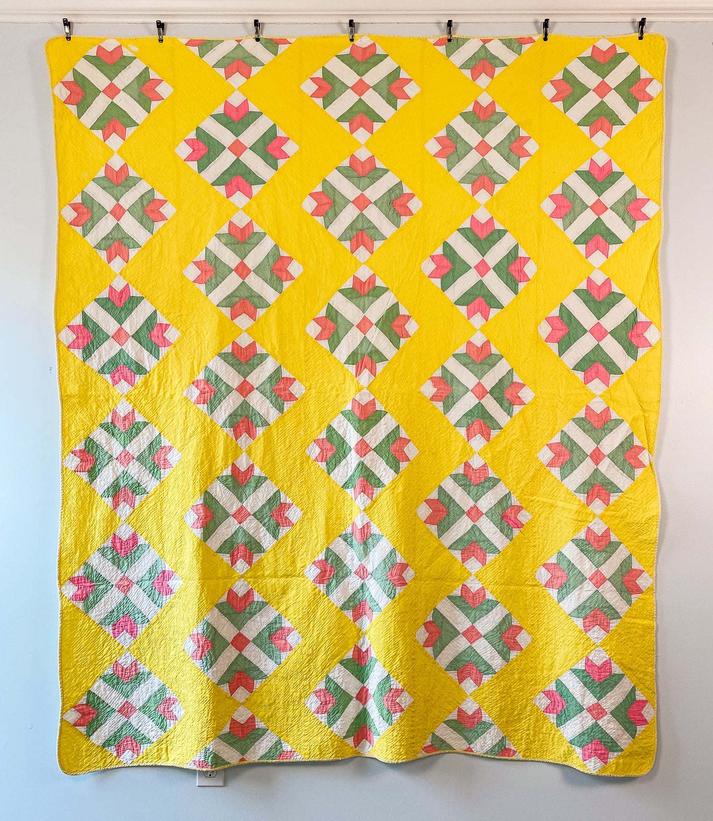 Vintage Yellow Green and Pink Tulip Quilt, c1930