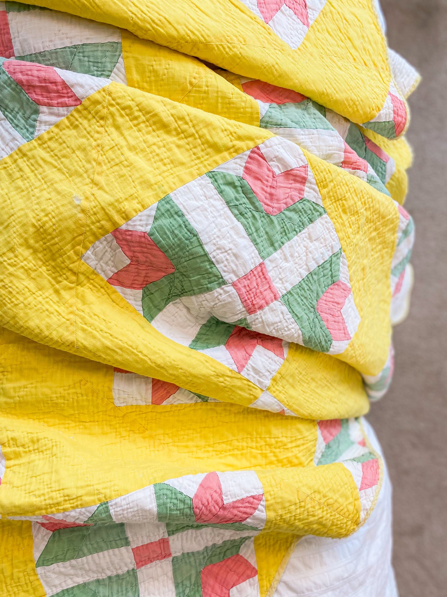 Vintage Yellow Green and Pink Tulip Quilt, c1930