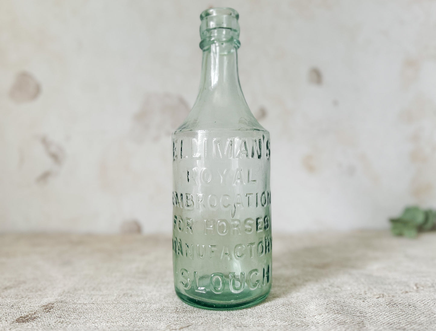 Ellmans Royal Horse Embrocation Aqua Glass Bottle
