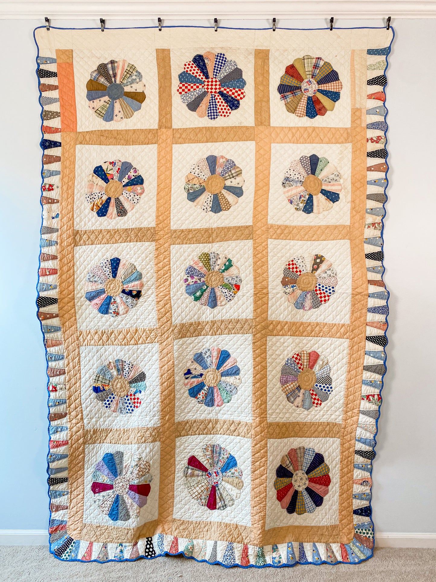 Vintage Blue and Tan Earth Tones Dresden Plate Quilt, c1930