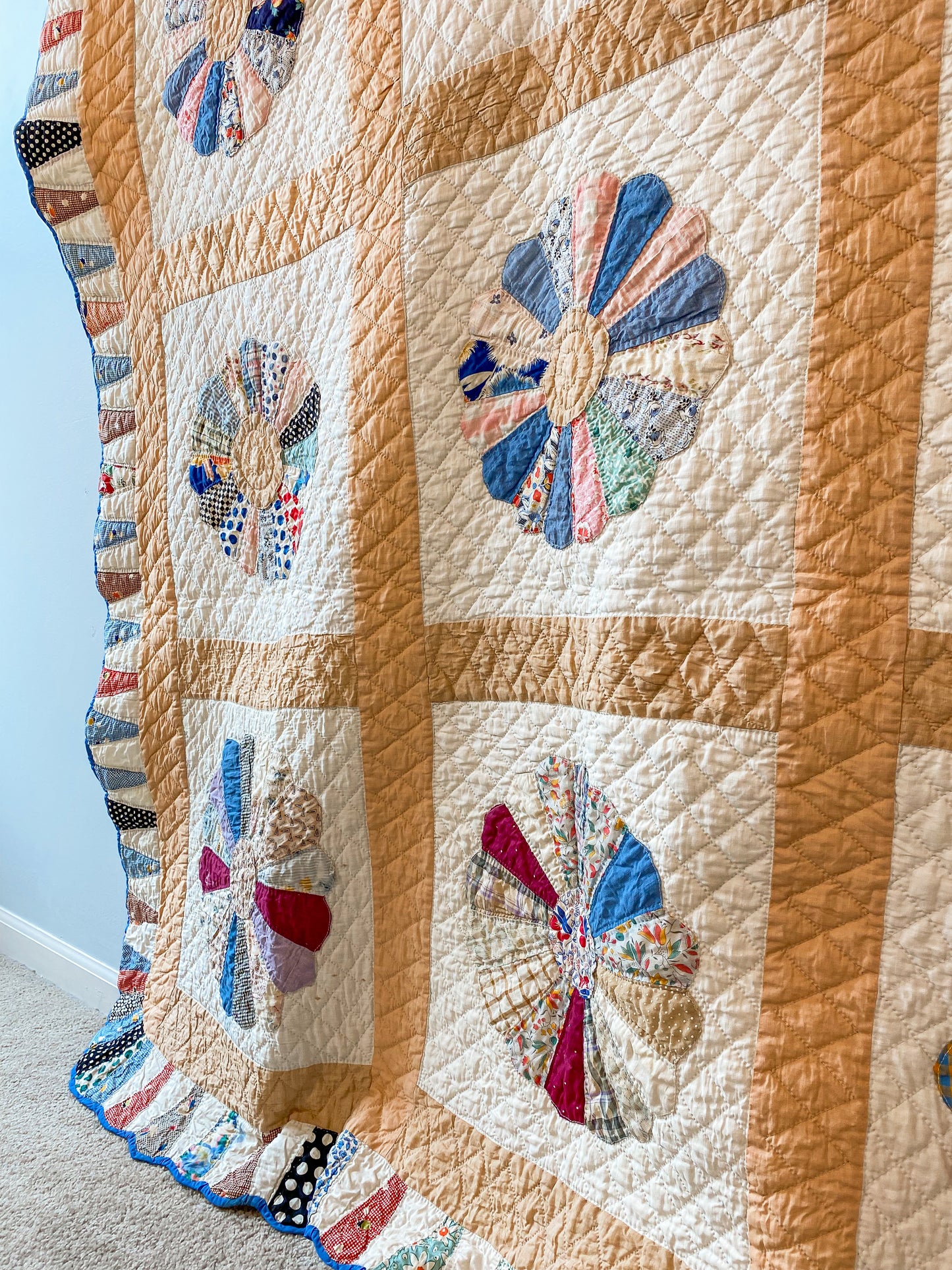 Vintage Blue and Tan Earth Tones Dresden Plate Quilt, c1930