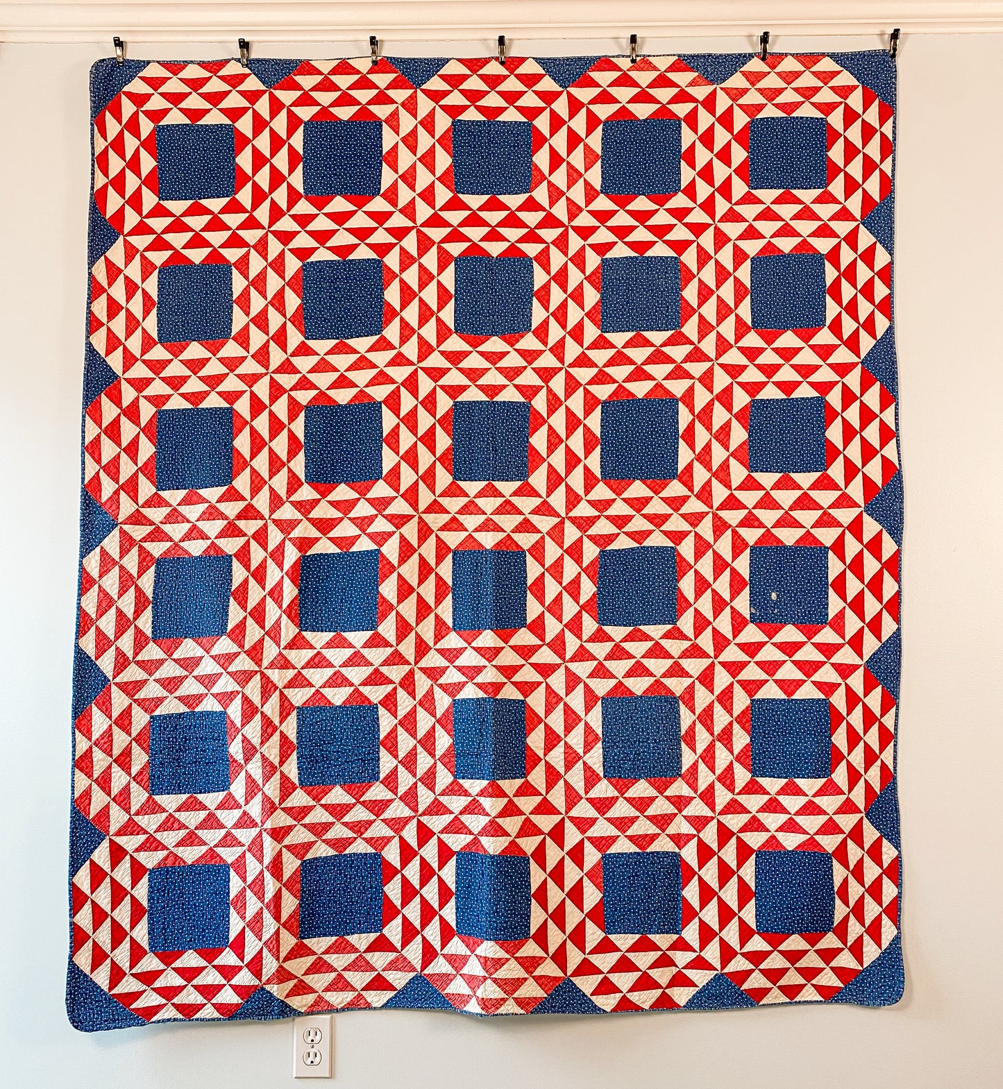 Antique Red White and Blue Ocean Waves Quilt, c1920