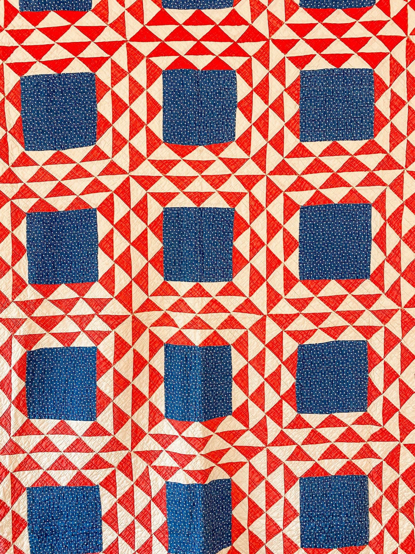 Antique Red White and Blue Ocean Waves Quilt, c1920