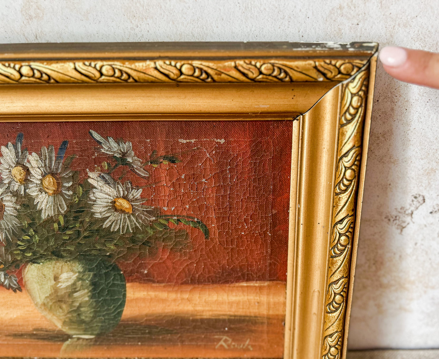 Antique Framed Still Life of Daisies