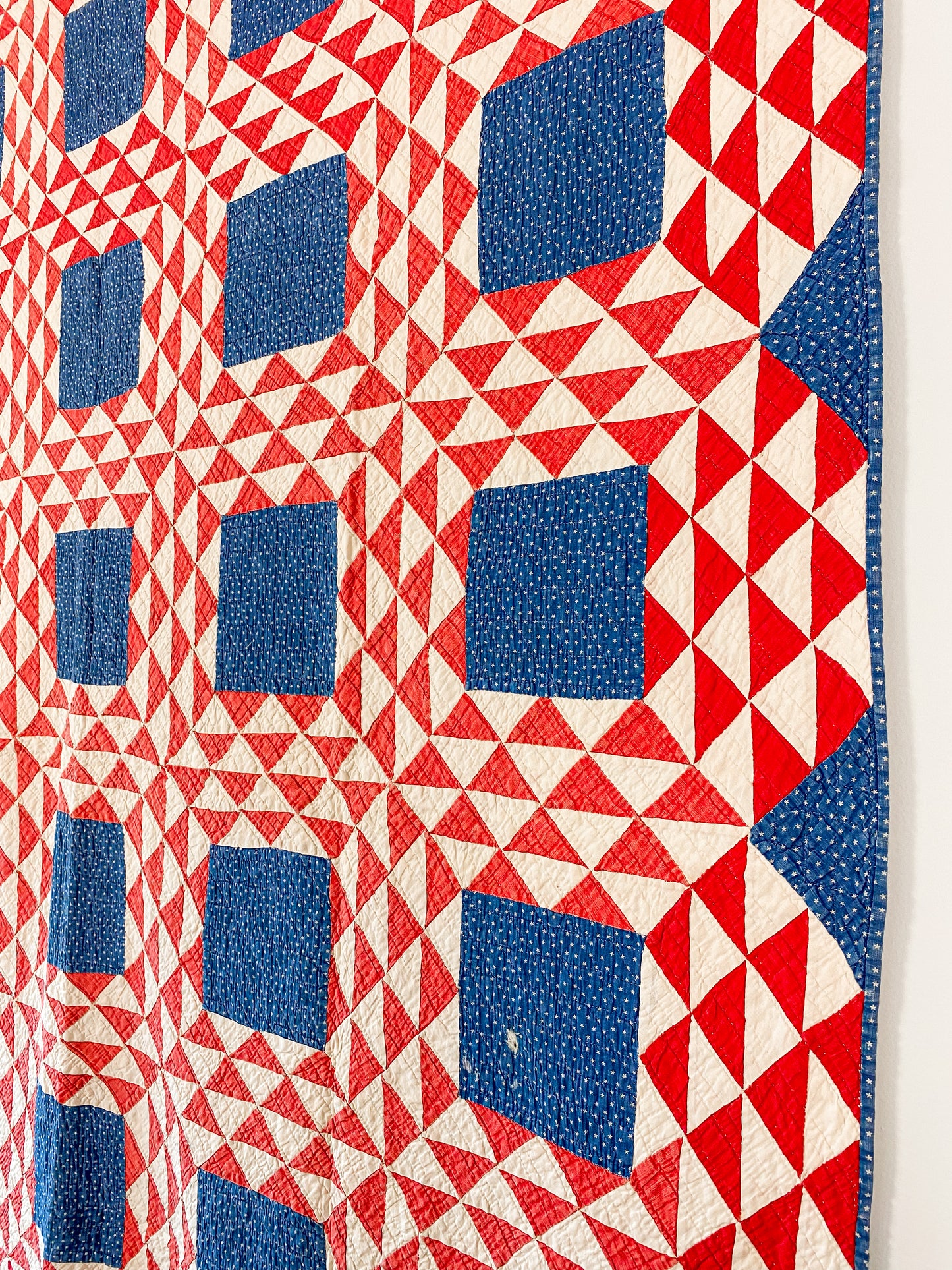 Antique Red White and Blue Ocean Waves Quilt, c1920