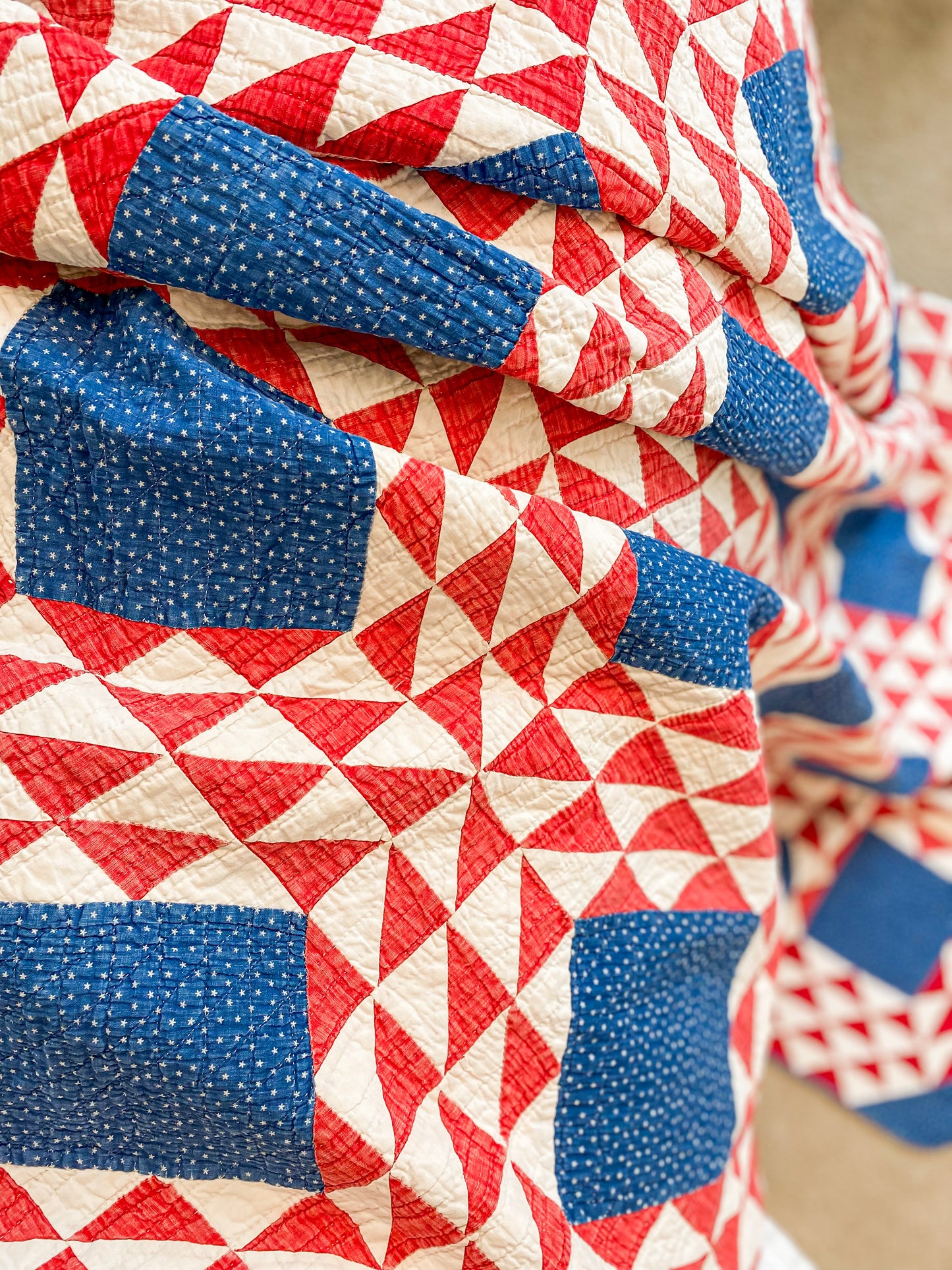 Antique Red White and Blue Ocean Waves Quilt, c1920