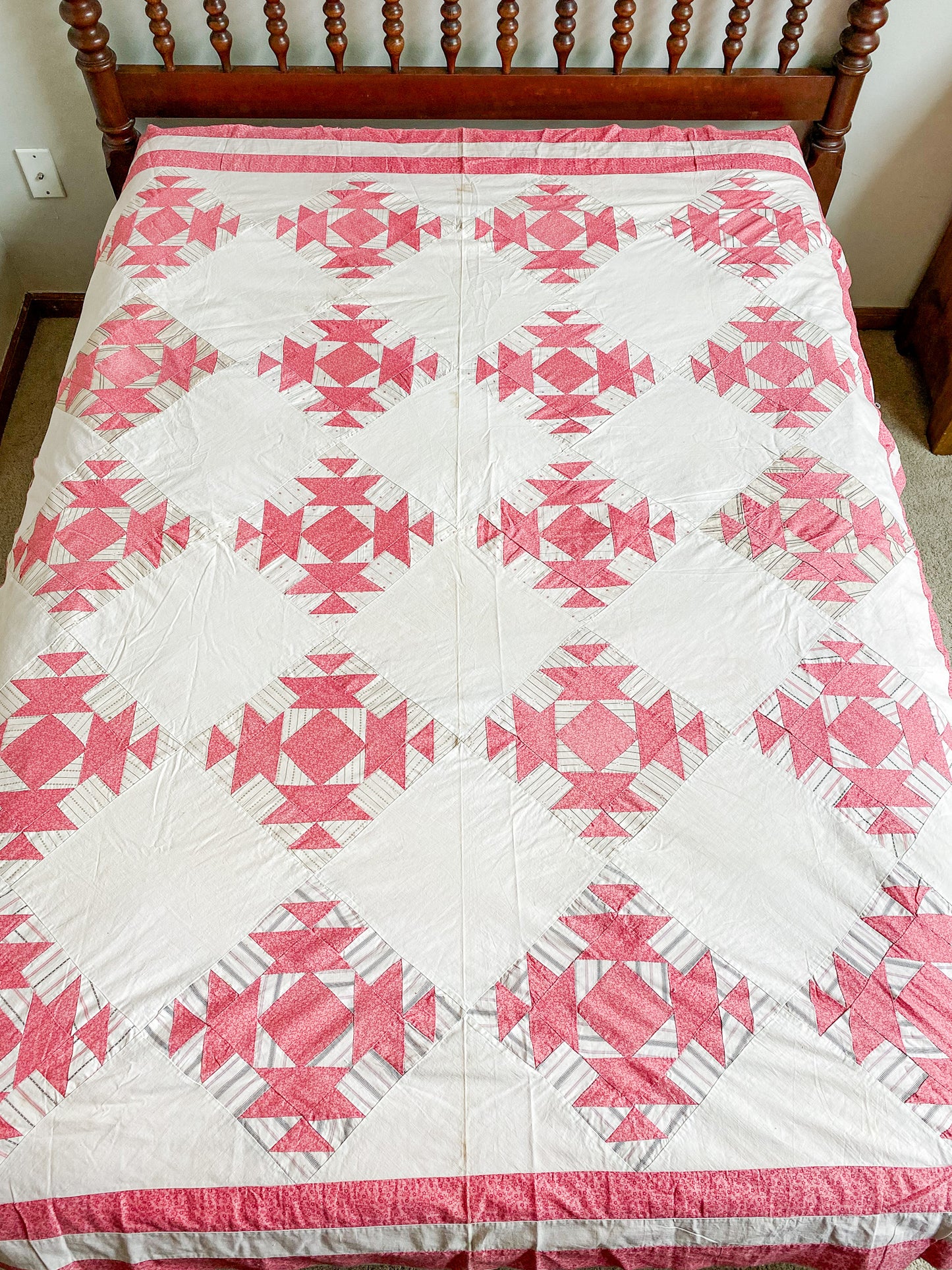 Set of Two Antique Matching Pink and White Broken Dishes Quilt TOPS, c1910