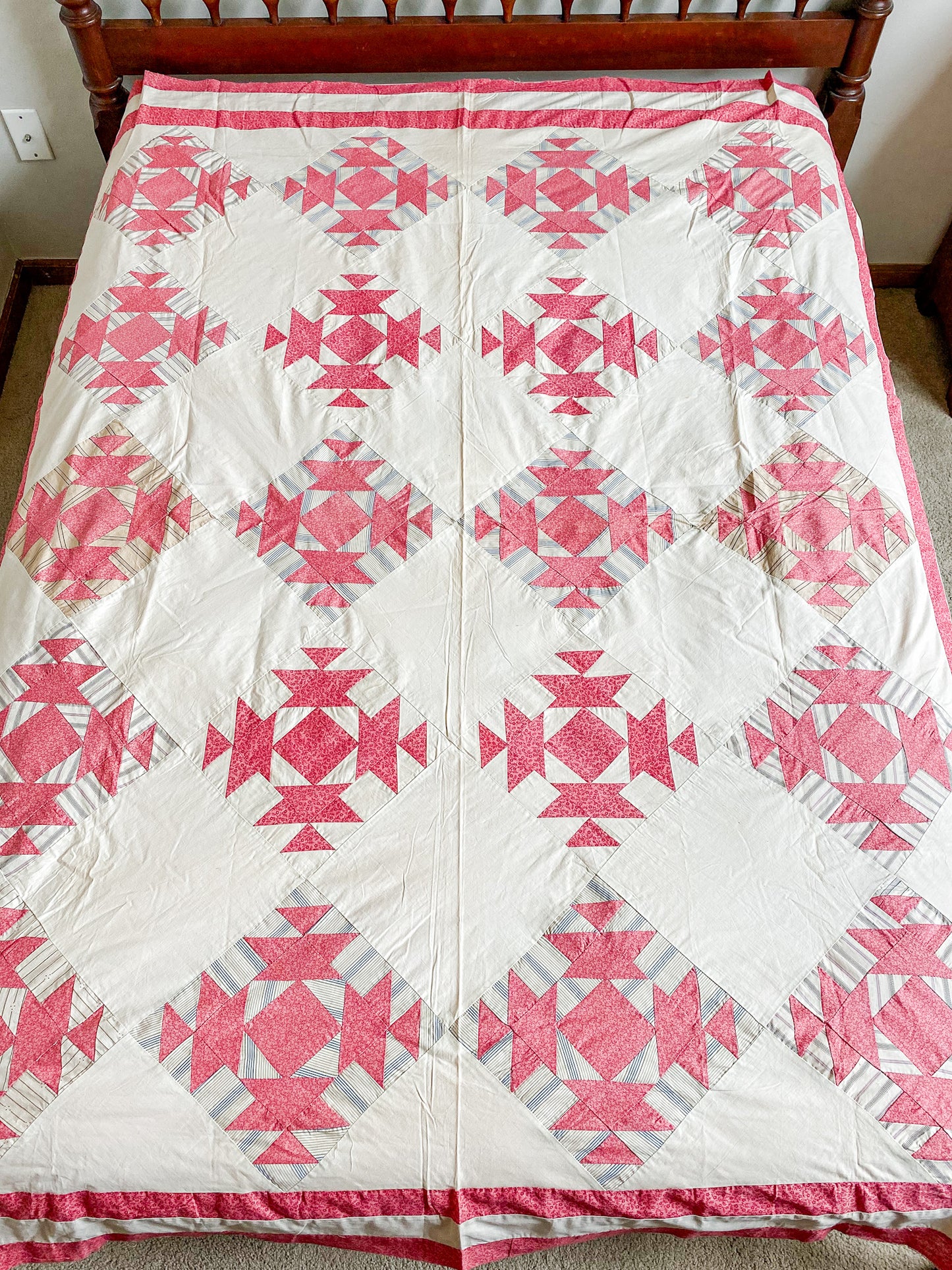 Set of Two Antique Matching Pink and White Broken Dishes Quilt TOPS, c1910