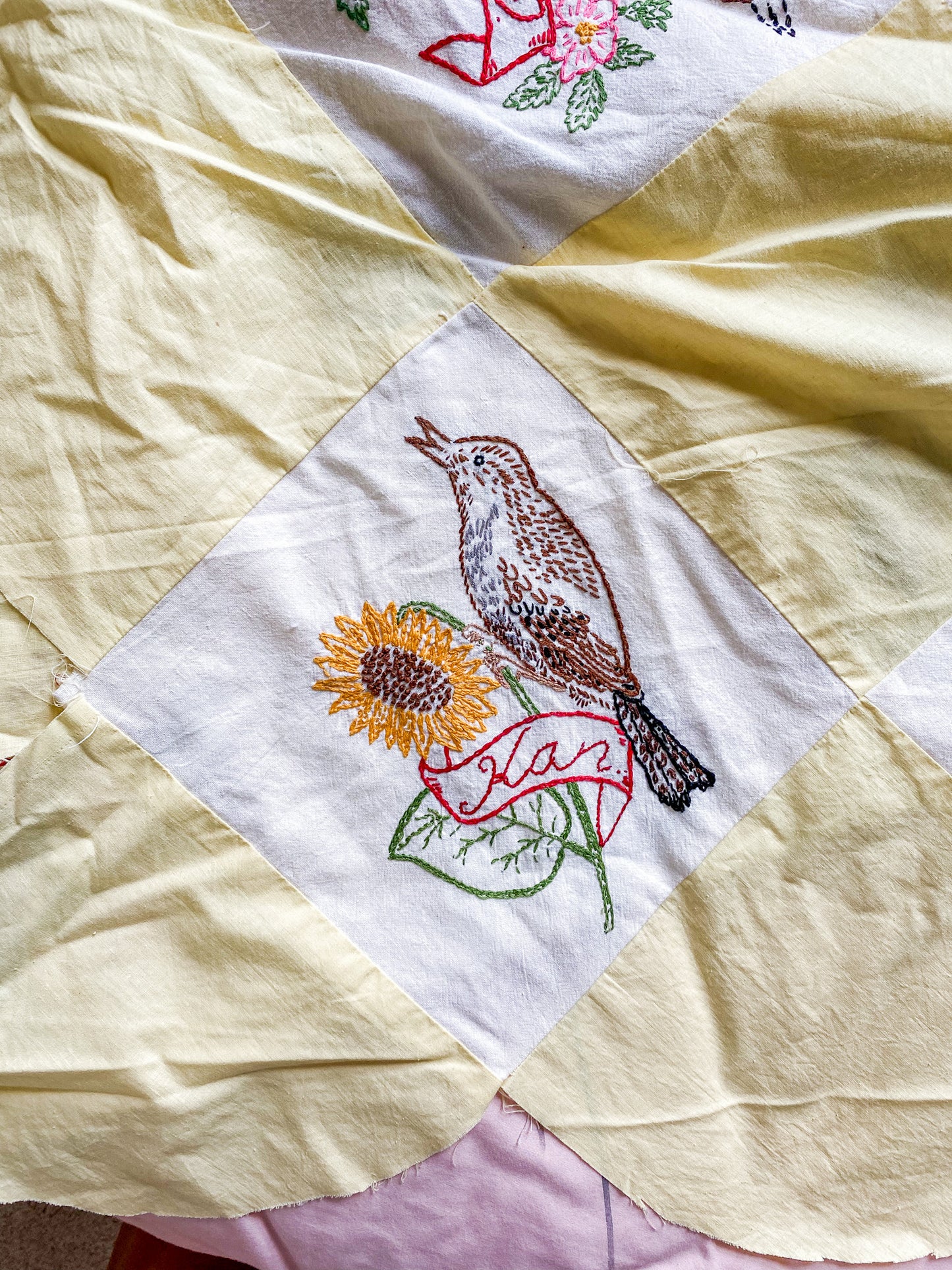 Vintage 48 State Bird & Flower Quilt TOP with Backing Fabric