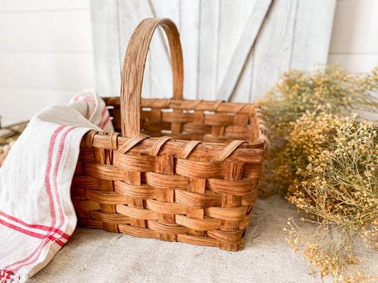 Vintage Split Wood Rectangular Woven Market Basket with Handle