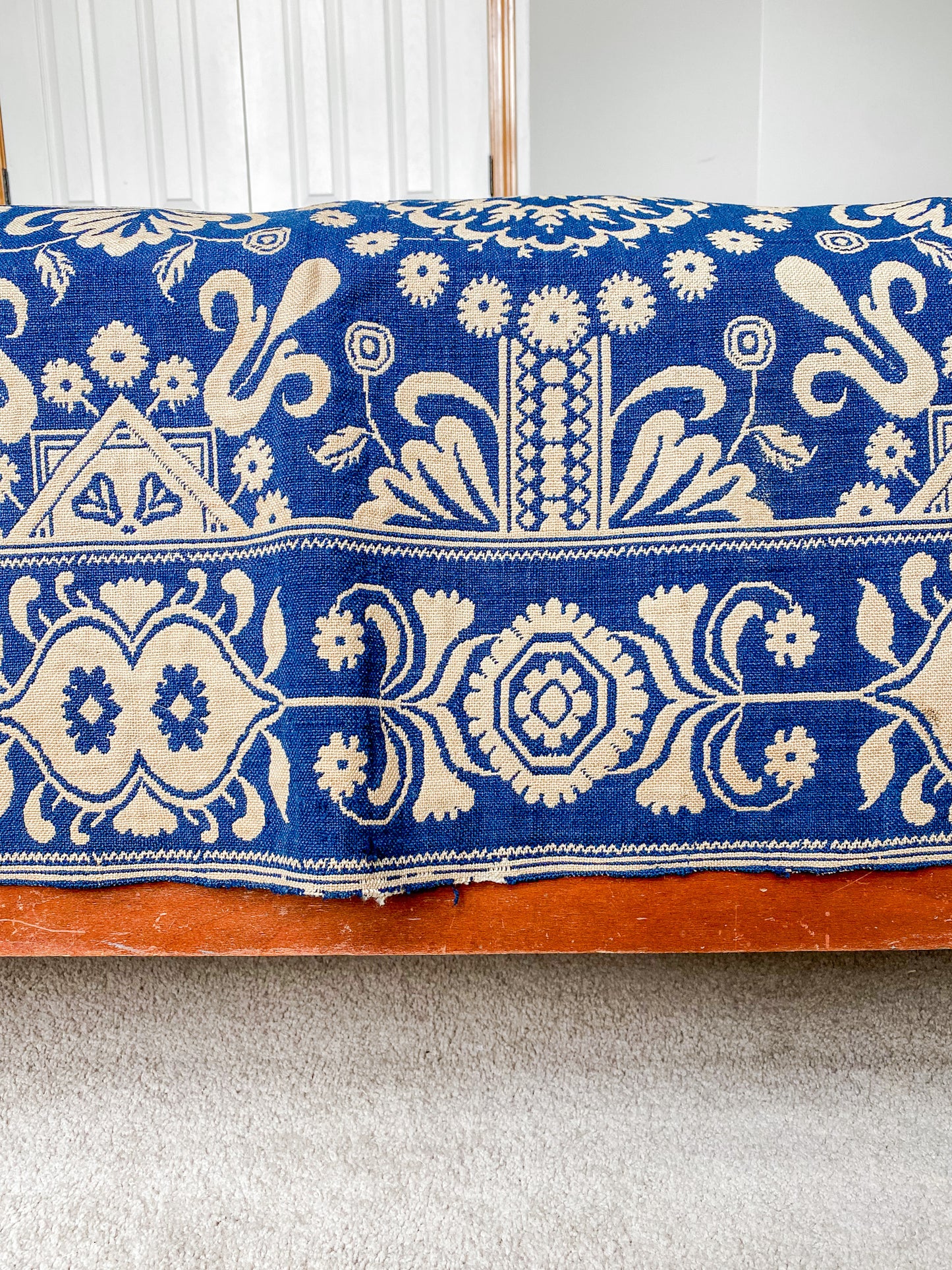 Antique Woven Blue and White Coverlet