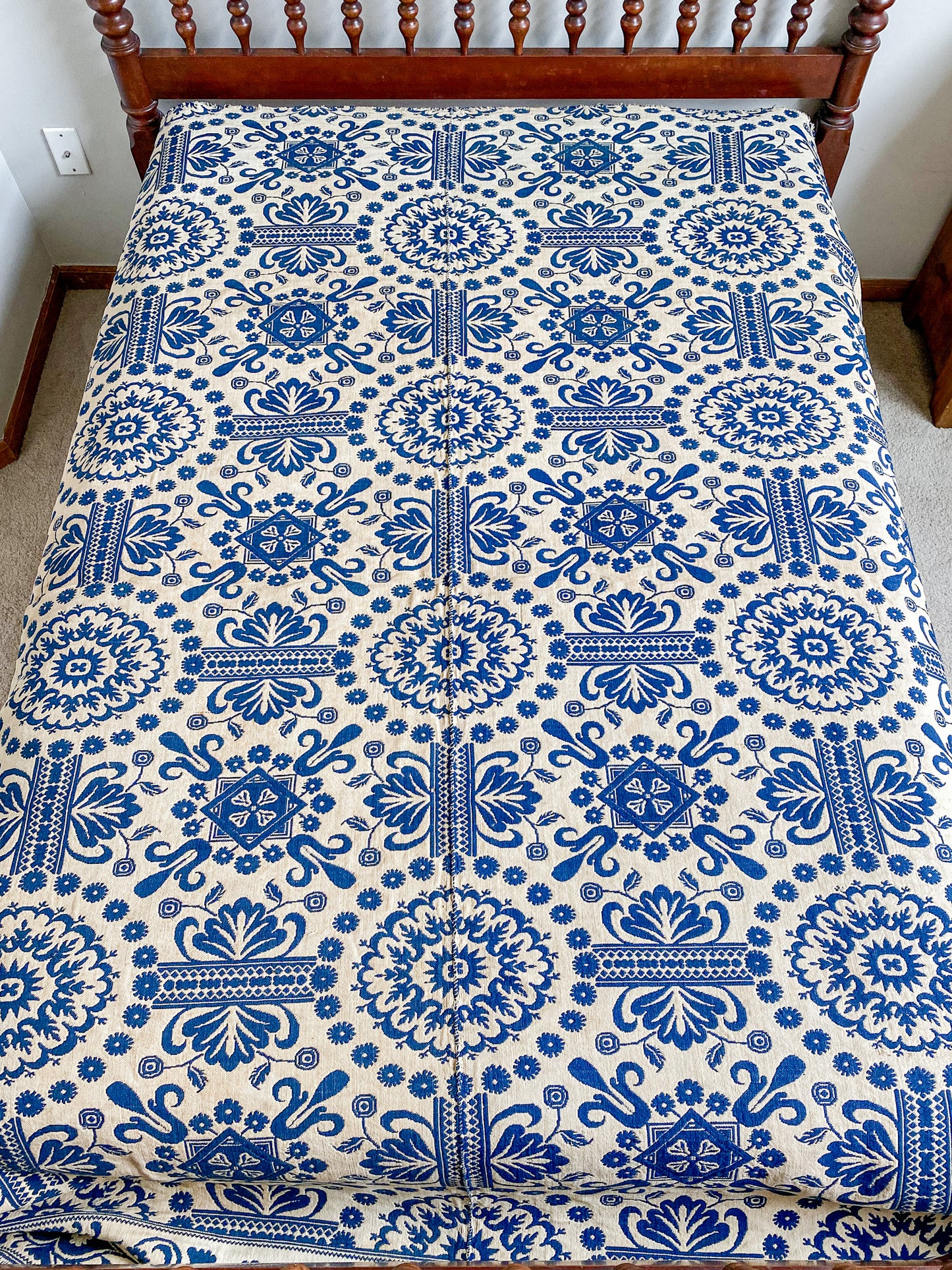 Antique Woven Blue and White Coverlet