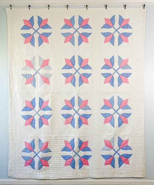 Vintage Pastel Blue & Pink Crossed Tulips Quilt, c1930