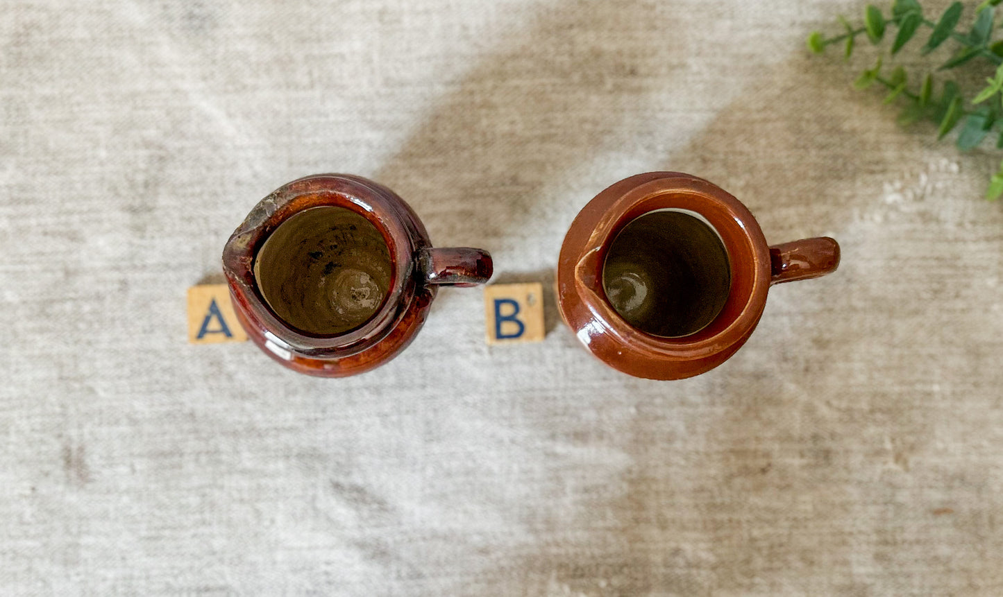 CHOICE Antique Brown Glazed Small Cream Jugs