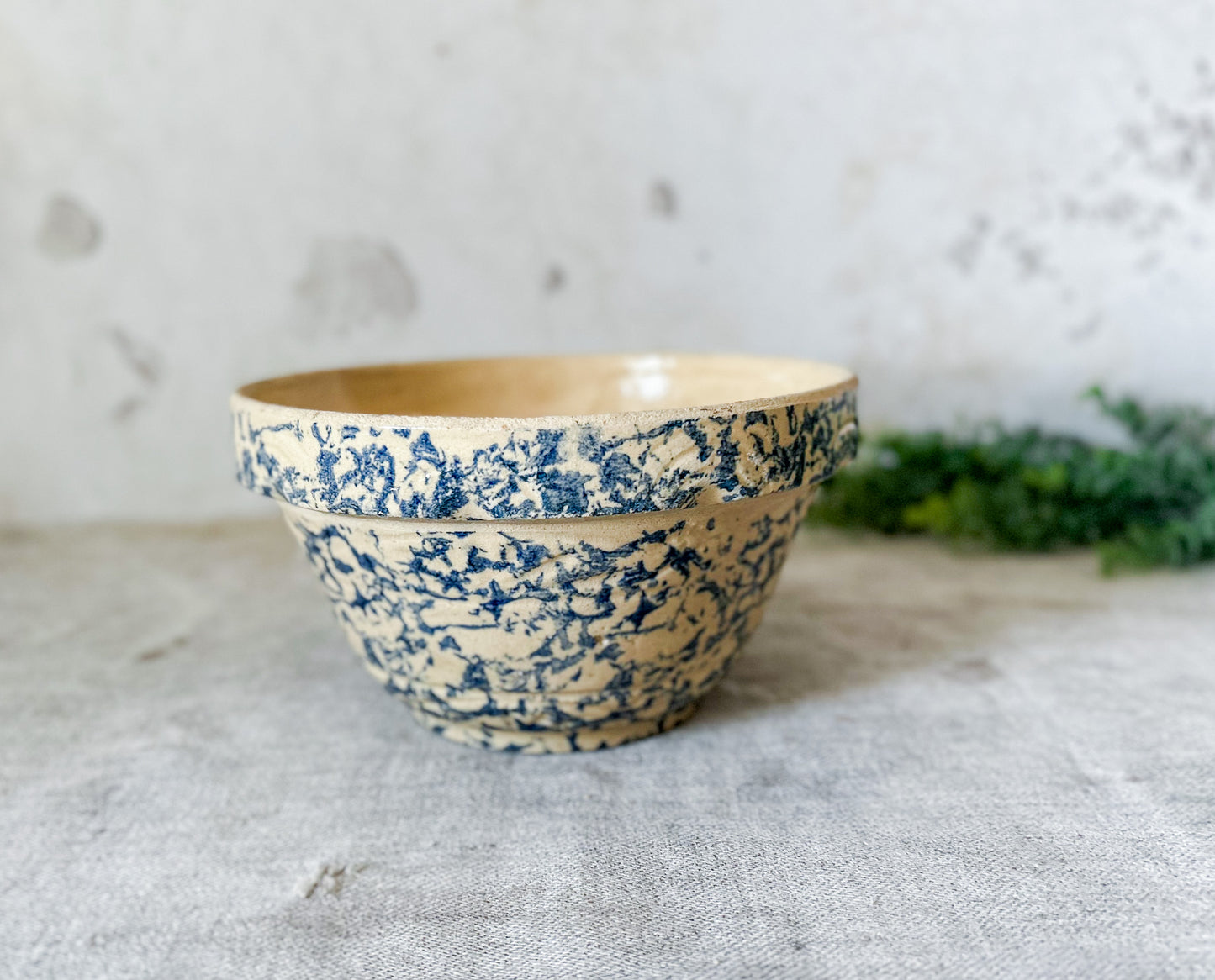 Vintage Blue Spongeware 8.5" Mixing Bowl