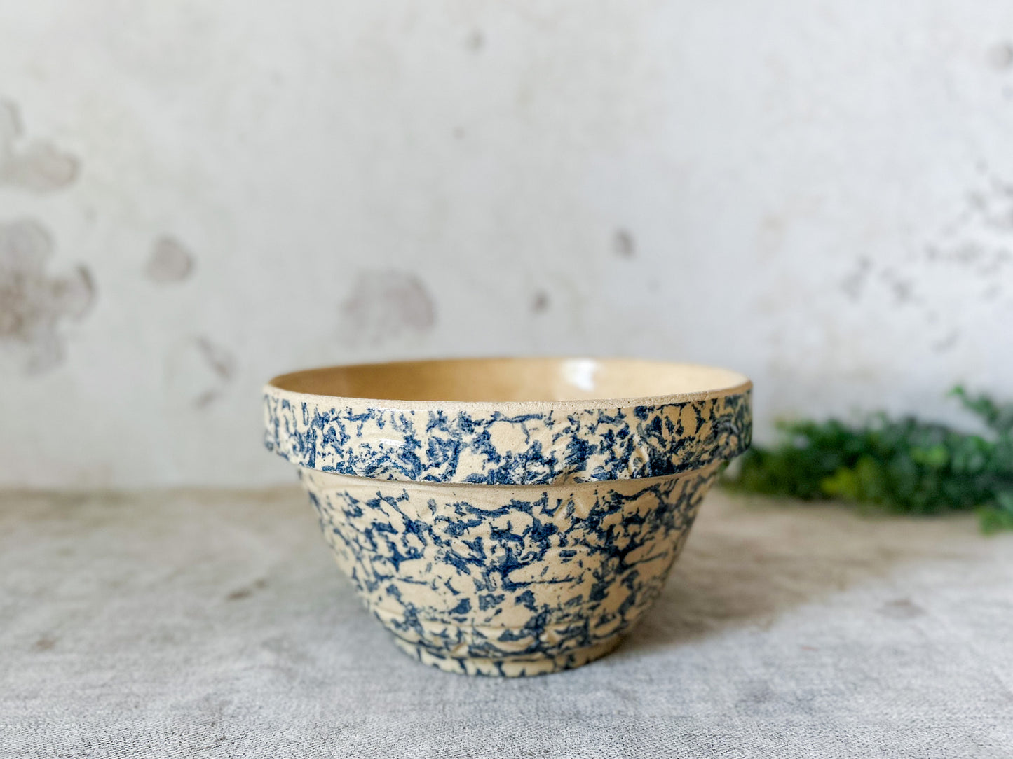 Vintage Blue Spongeware 8.5" Mixing Bowl