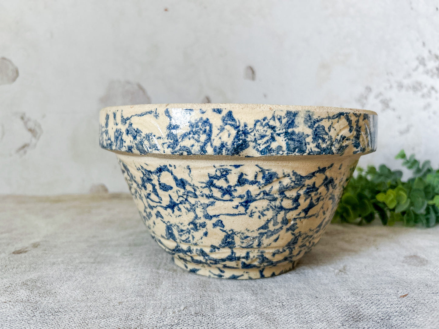 Vintage Blue Spongeware 8.5" Mixing Bowl