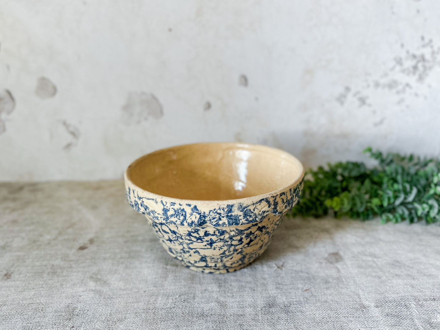 Vintage Blue Spongeware 8.5" Mixing Bowl