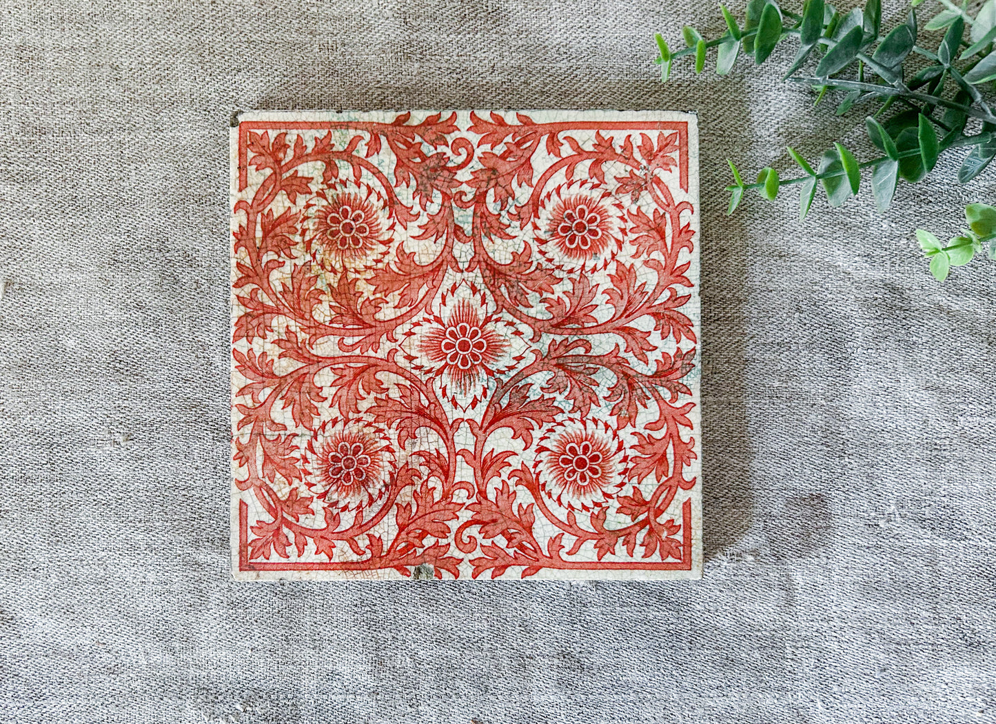 Antique Minton Orange Floral Ceramic Tile