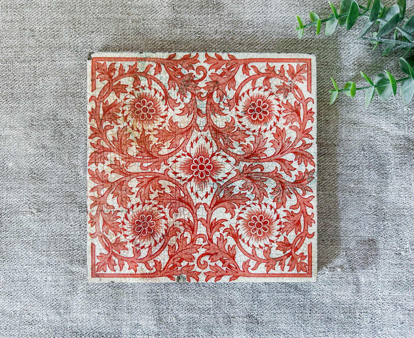 Antique Minton Orange Floral Ceramic Tile