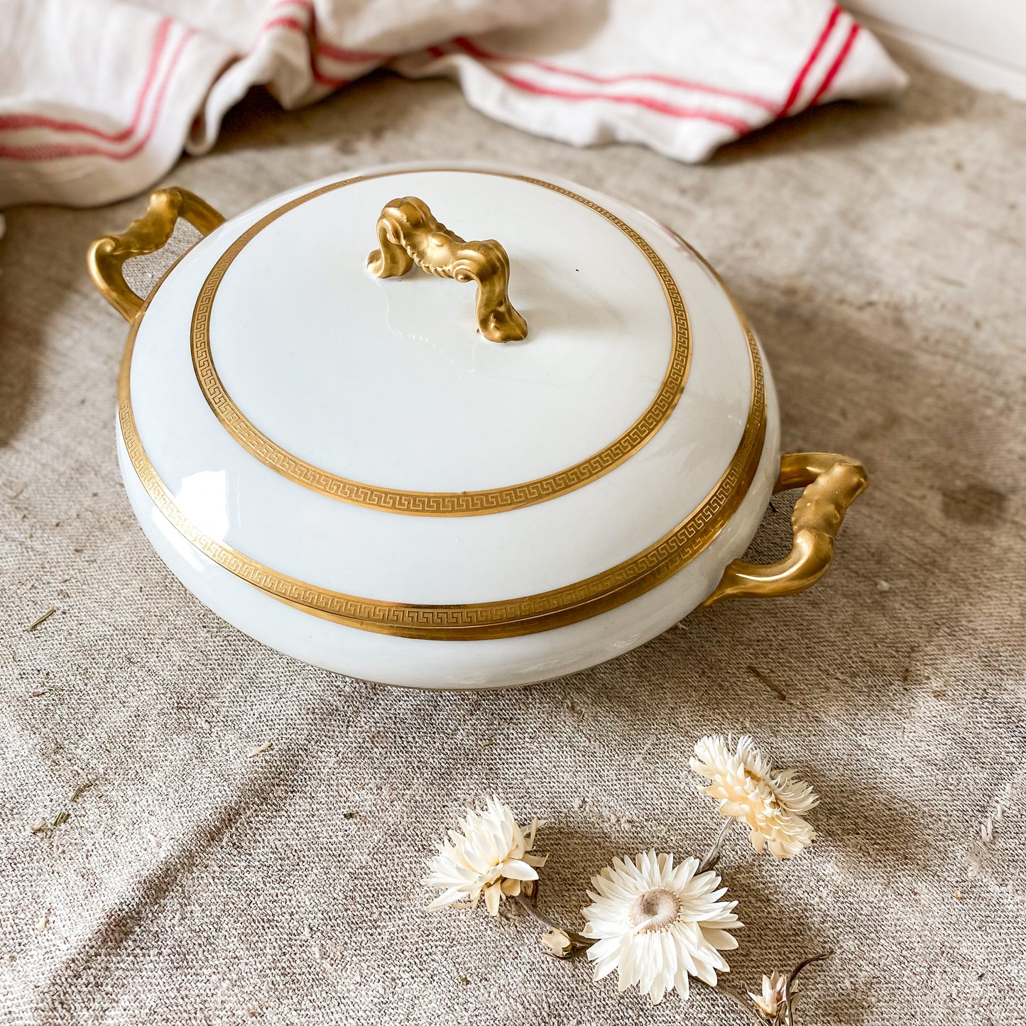 Vintage White French Porcelain Round Serving Dish with Gold Trim | D & C France
