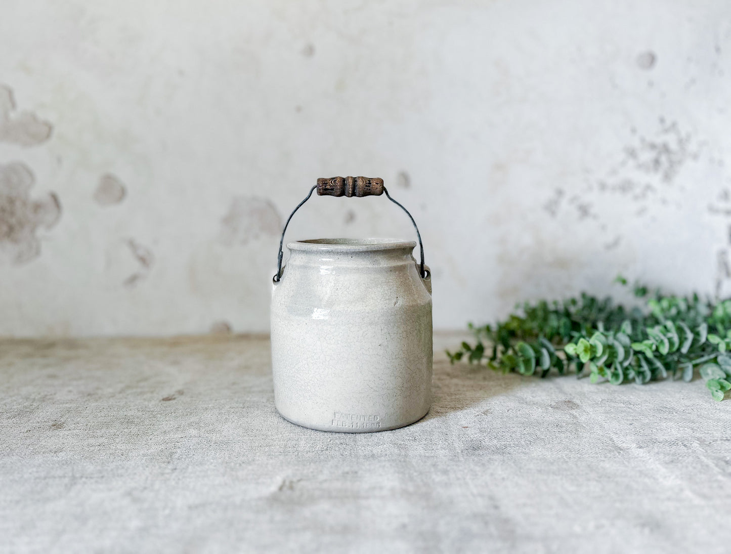 Antique Cream Color Salt Glaze Stoneware Crock with Handle