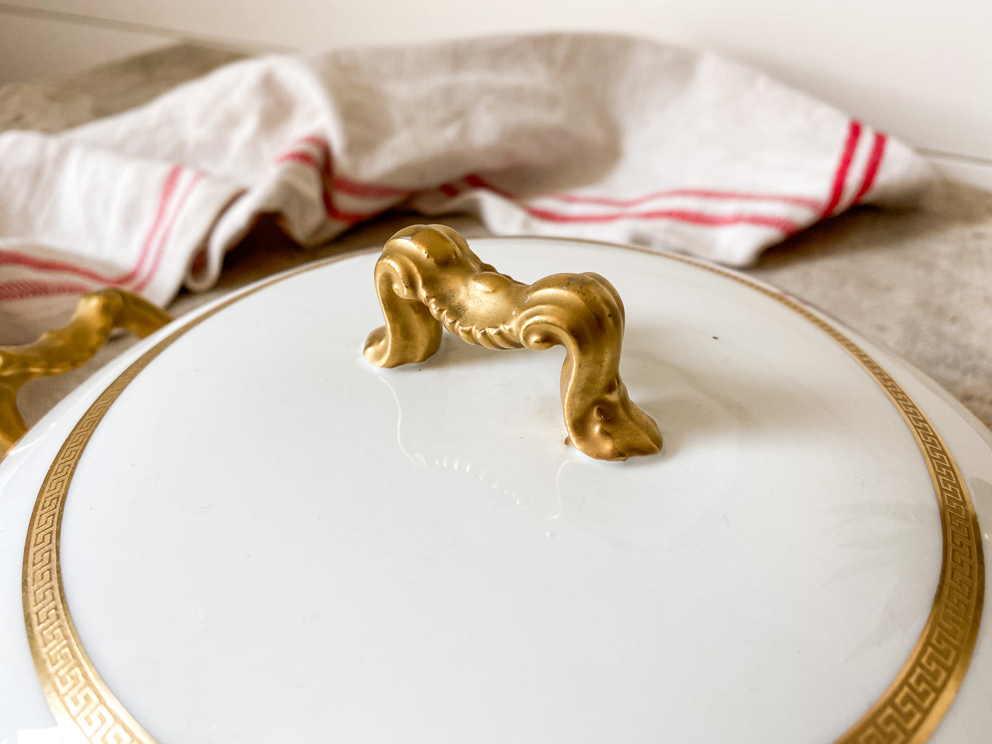 Vintage White French Porcelain Round Serving Dish with Gold Trim | D & C France
