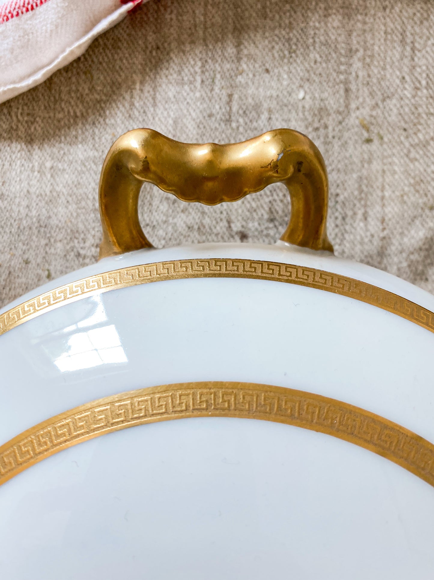 Vintage White French Porcelain Round Serving Dish with Gold Trim | D & C France