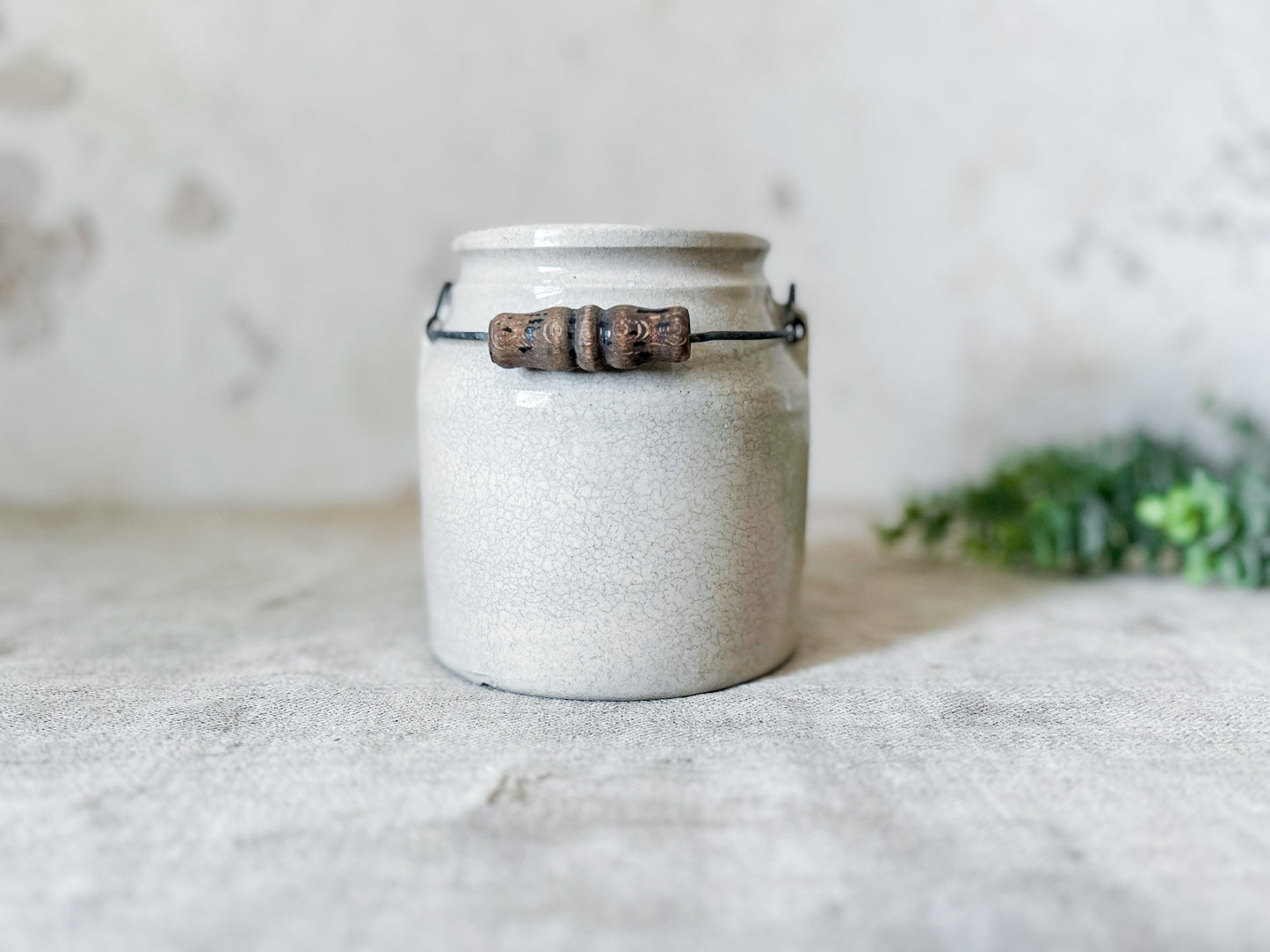 Antique Cream Color Salt Glaze Stoneware Crock with Handle