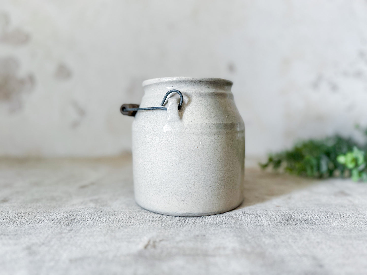 Antique Cream Color Salt Glaze Stoneware Crock with Handle