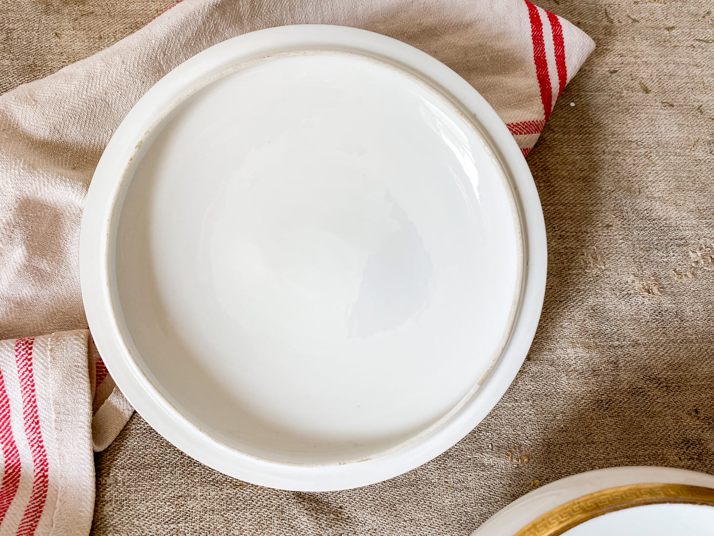 Vintage White French Porcelain Round Serving Dish with Gold Trim | D & C France