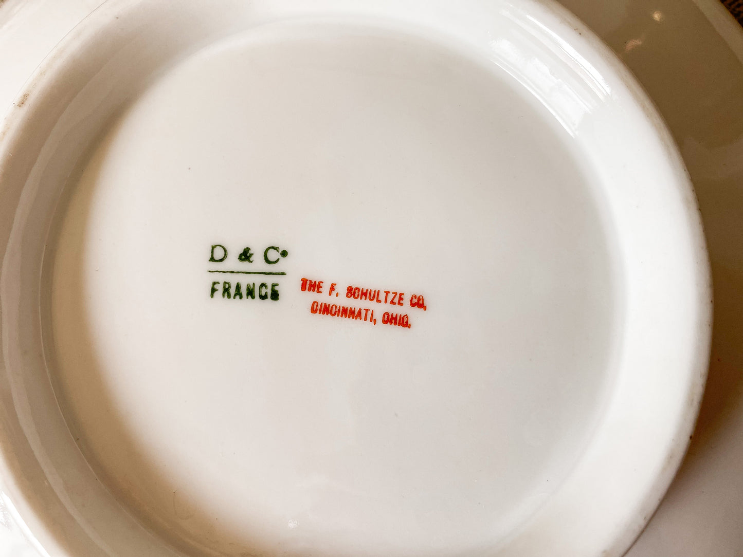 Vintage White French Porcelain Round Serving Dish with Gold Trim | D & C France