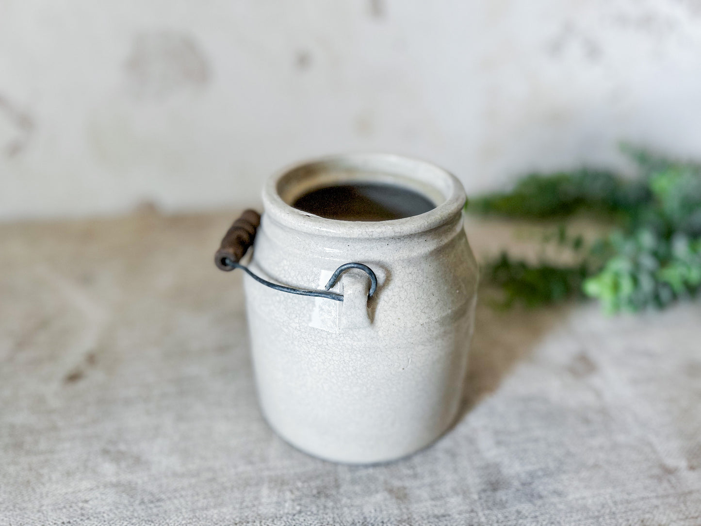 Antique Cream Color Salt Glaze Stoneware Crock with Handle