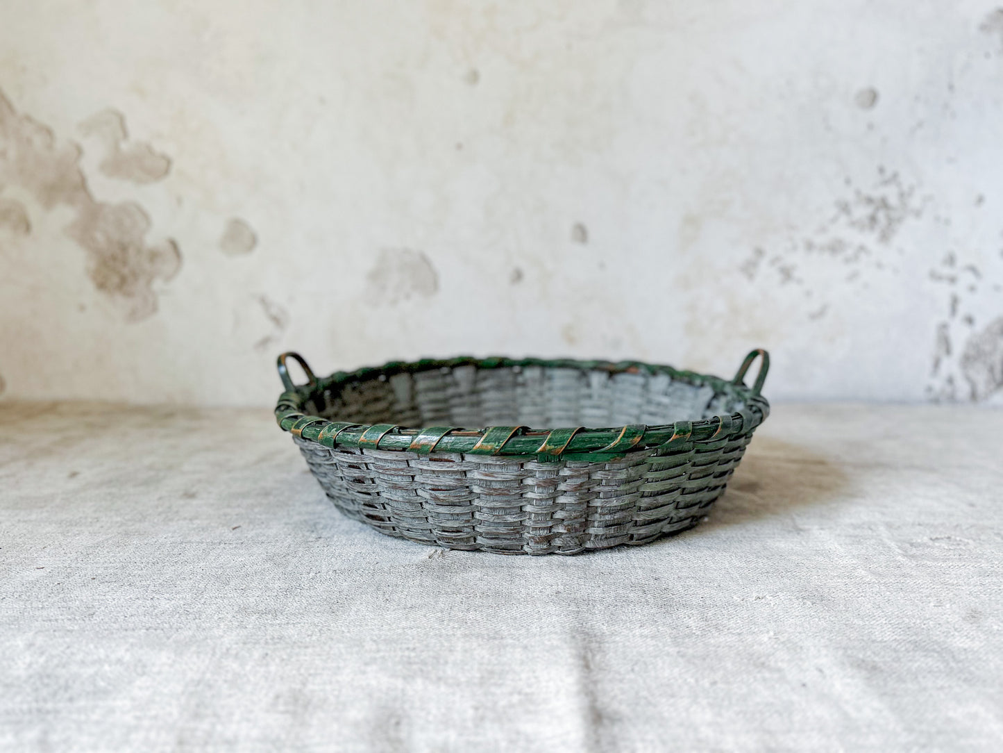 Vintage Split Wood Woven Green Basket with Handles