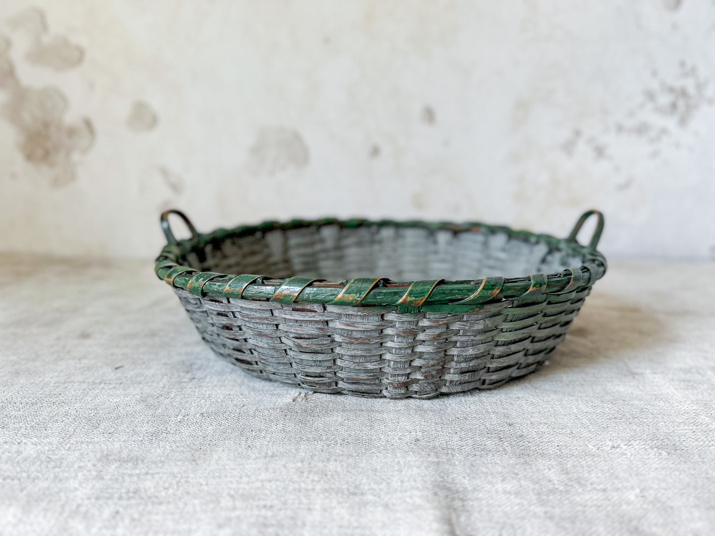 Vintage Split Wood Woven Green Basket with Handles