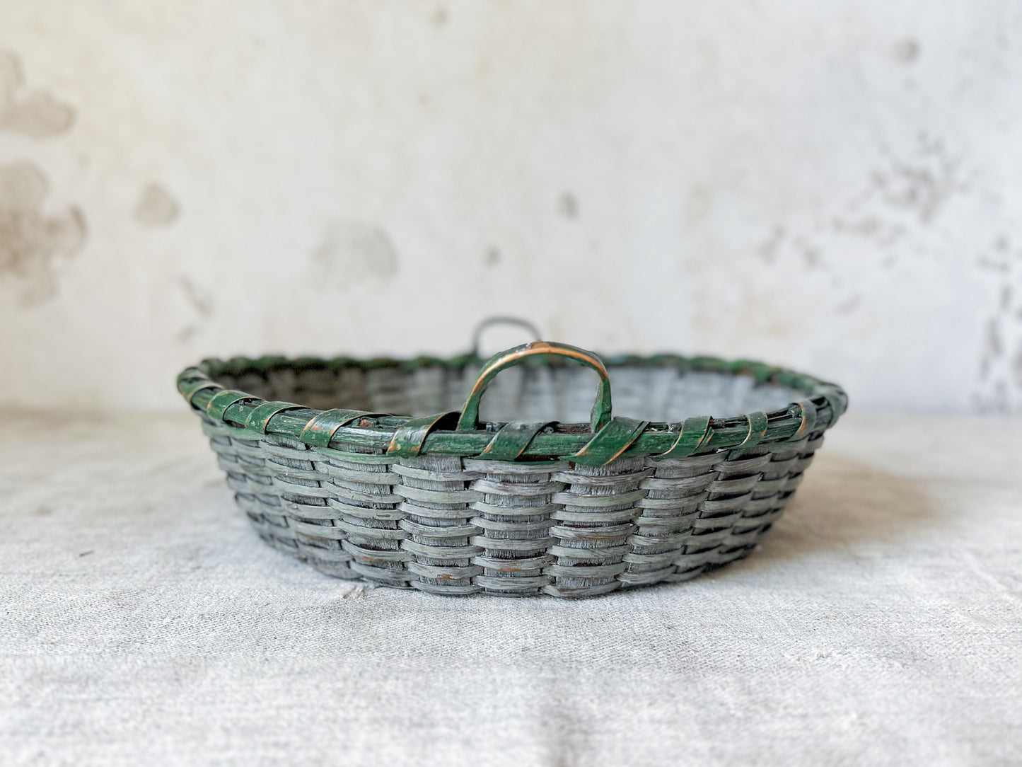 Vintage Split Wood Woven Green Basket with Handles