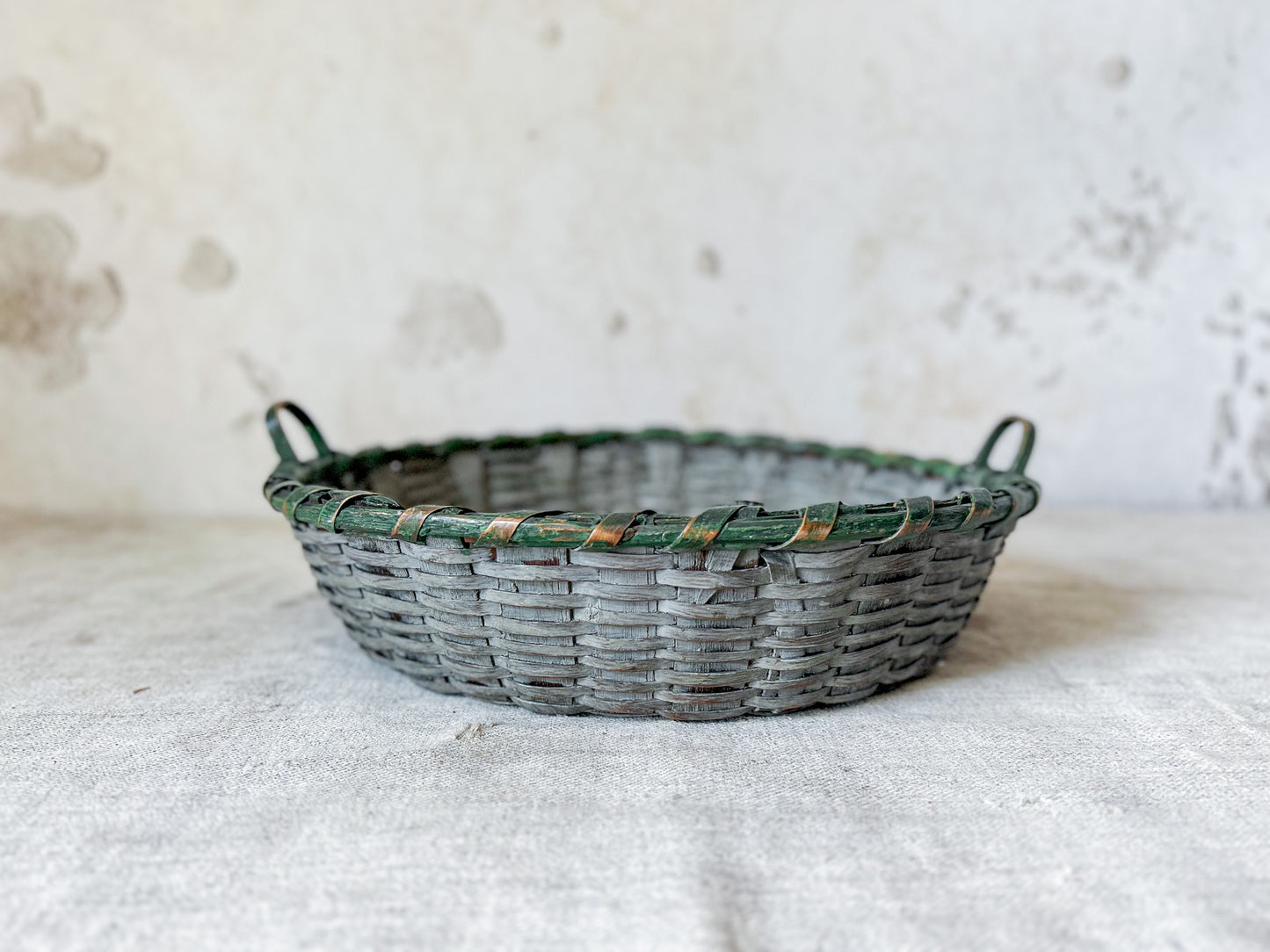 Vintage Split Wood Woven Green Basket with Handles