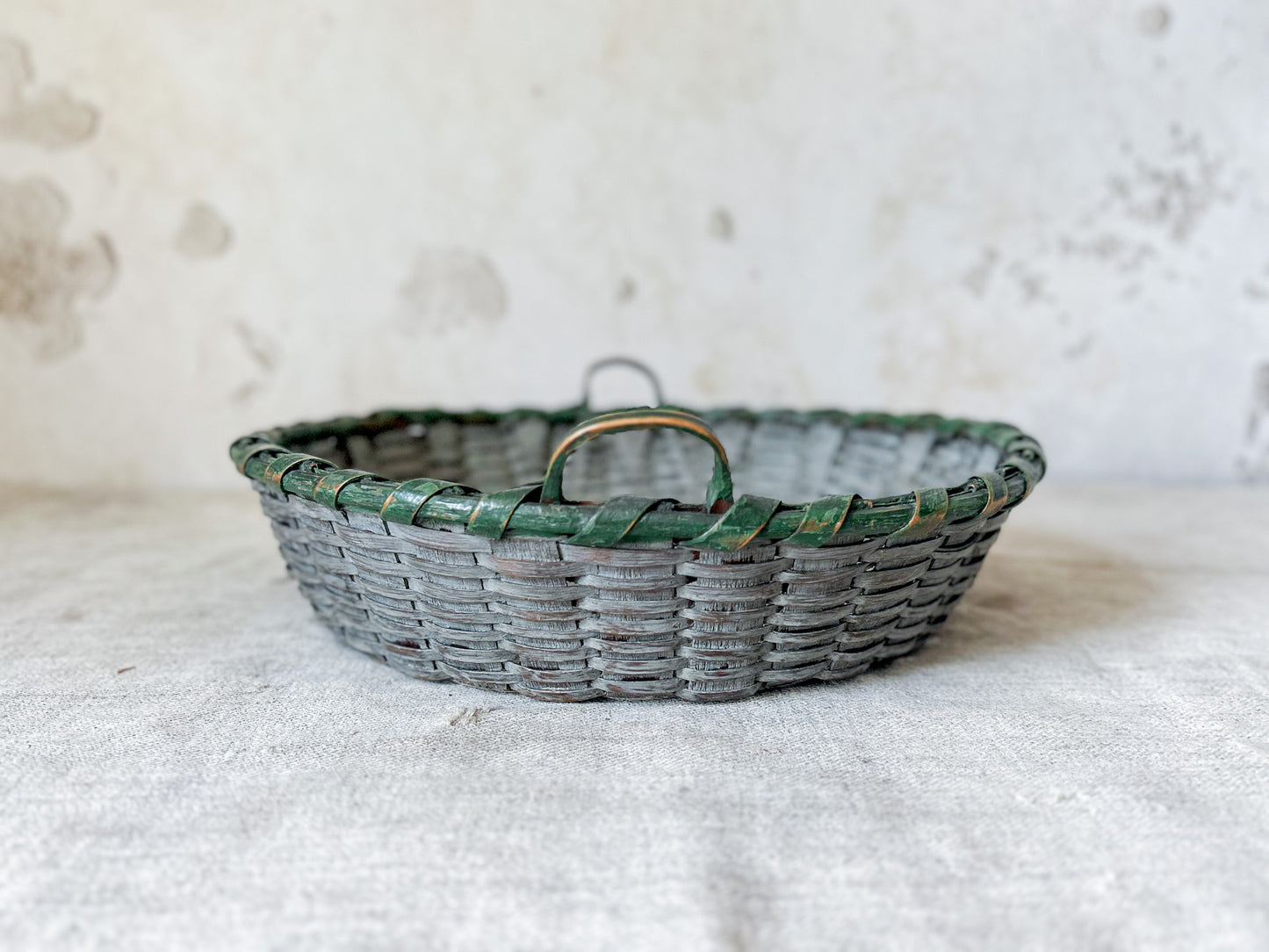 Vintage Split Wood Woven Green Basket with Handles