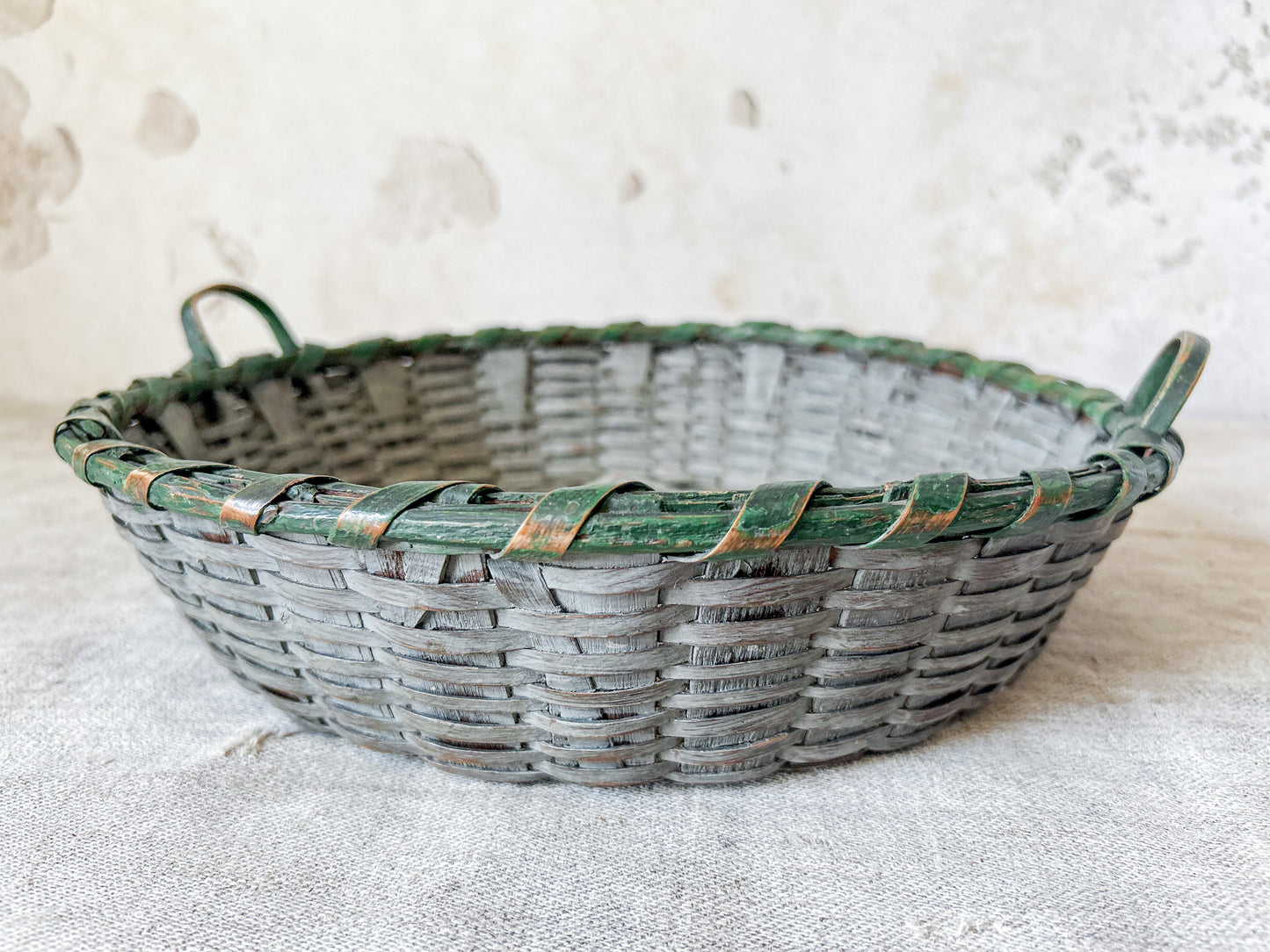 Vintage Split Wood Woven Green Basket with Handles