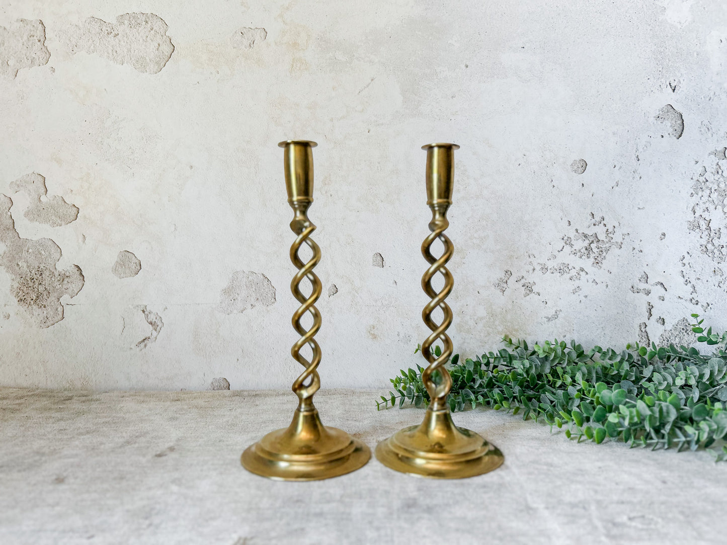 Set of Antique Open Barley Twist Brass 12" Candle Sticks