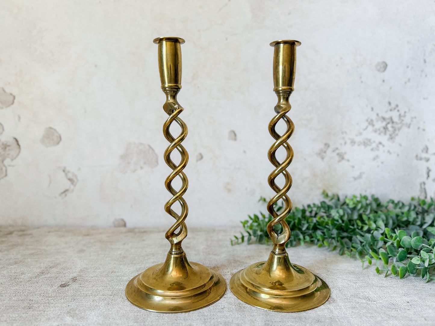 Set of Antique Open Barley Twist Brass 12" Candle Sticks