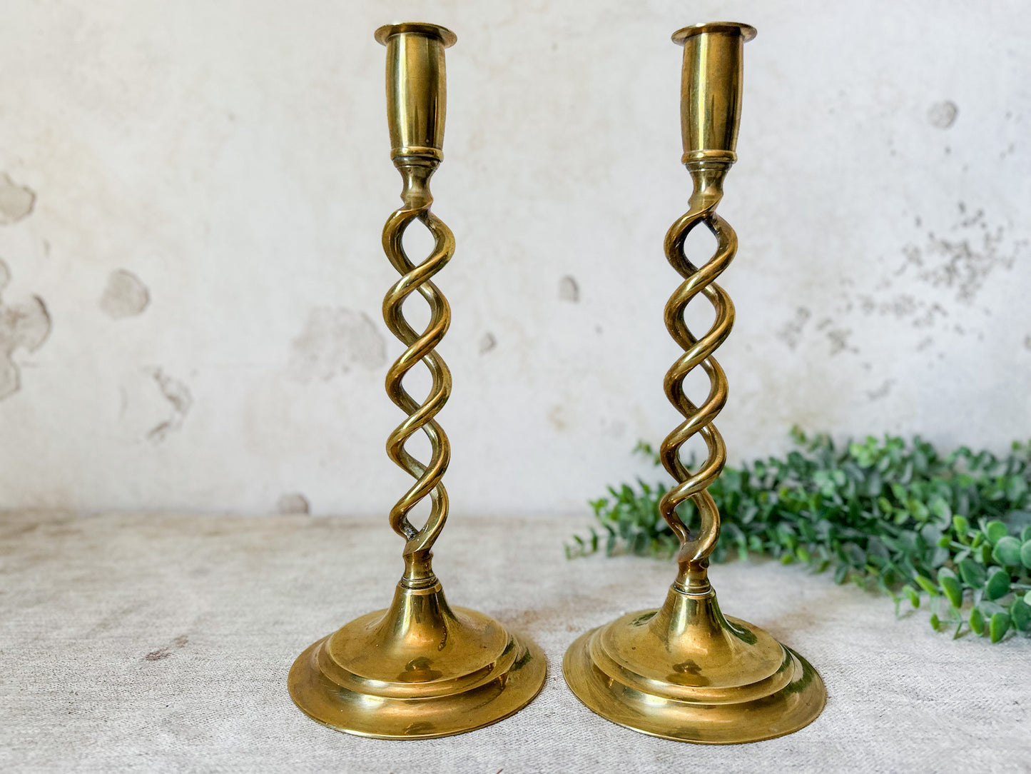 Set of Antique Open Barley Twist Brass 12" Candle Sticks