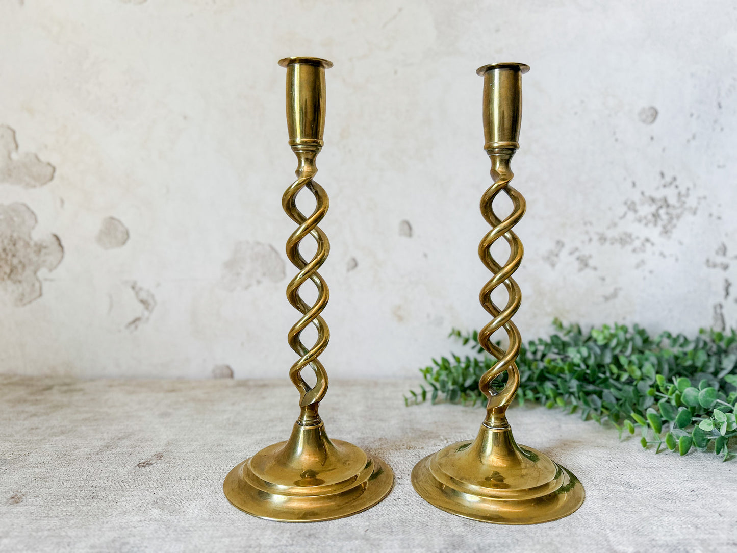 Set of Antique Open Barley Twist Brass 12" Candle Sticks