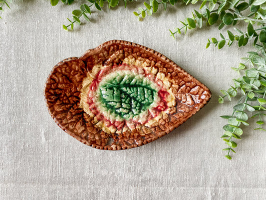 Antique Etruscan Majolica Red and Green Leaf Dish