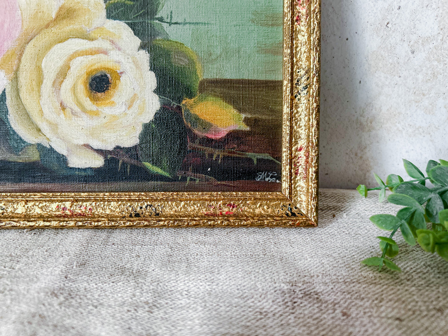 Vintaged Framed Signed Oil Painting of Roses