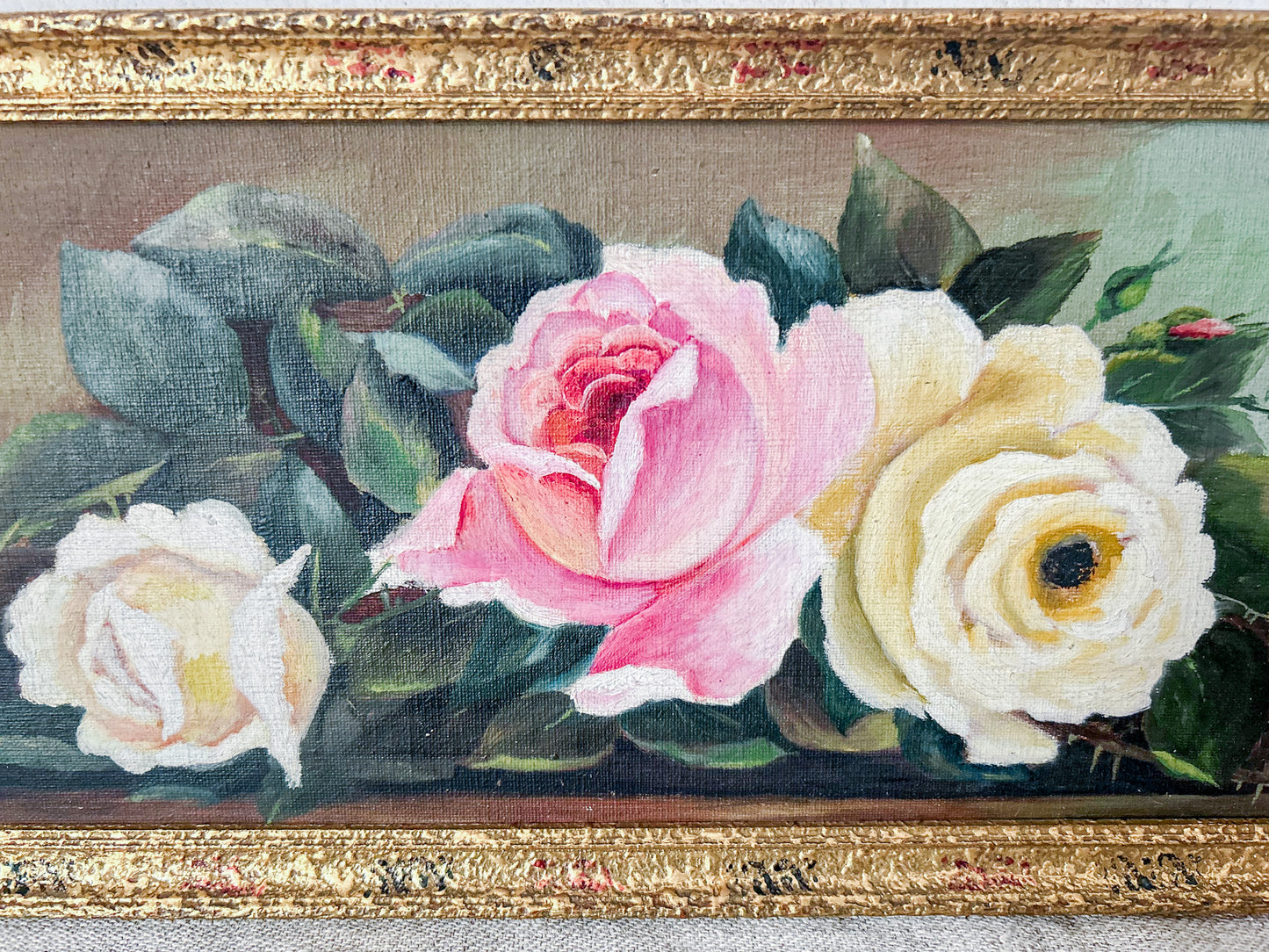 Vintaged Framed Signed Oil Painting of Roses