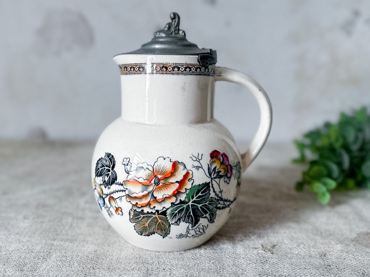 Antique Ironstone Polychrome Floral Syrup Jug with Pewter Lid