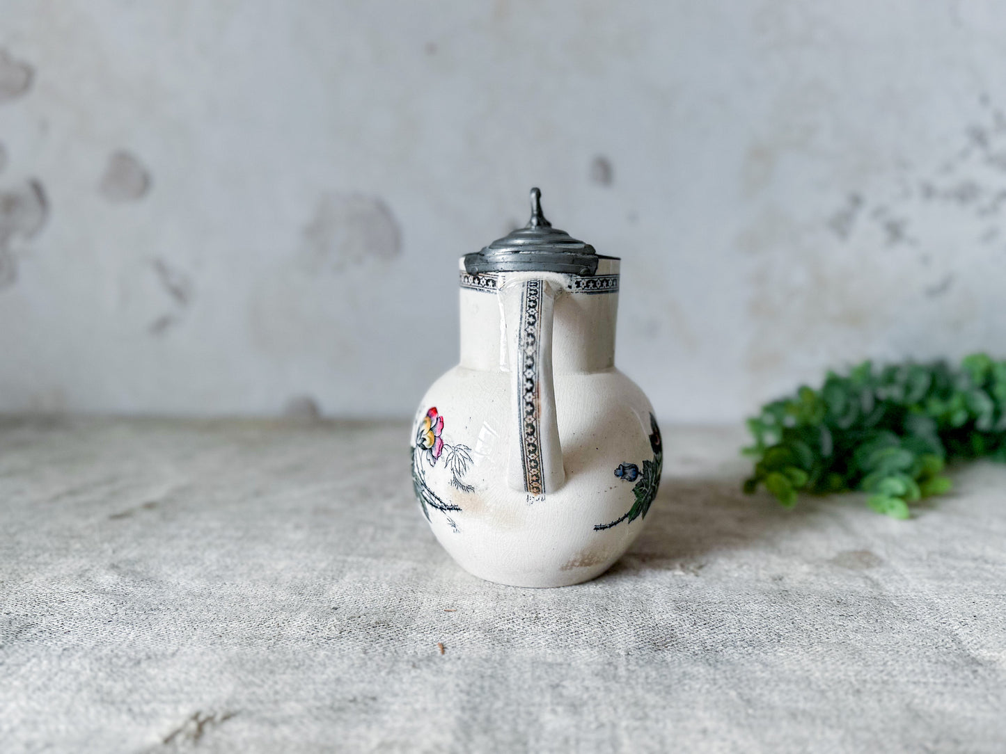 Antique Ironstone Polychrome Floral Syrup Jug with Pewter Lid